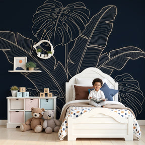 Tropical leaves mural wallpaper creating modern botanical nursery decor with dark elegant background by Kids-Mundo