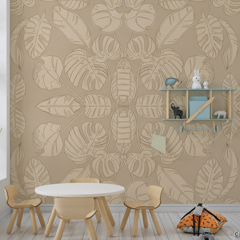 Natural tropical leaves wallpaper creating calming atmosphere in kids playroom by Kids-Mundo