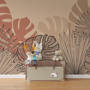 Botanical mural wallpaper with palm leaves and terracotta colors in children's room setting