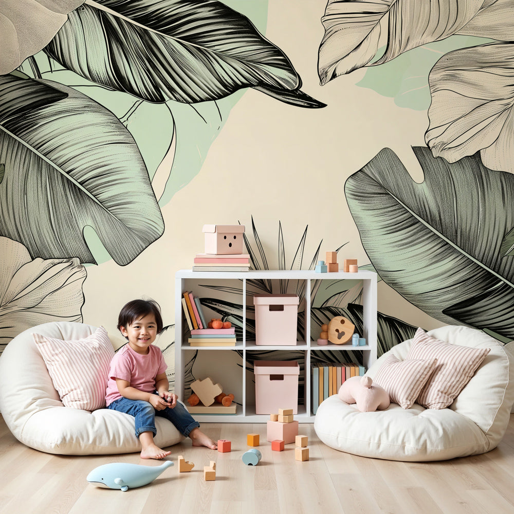 Tropical leaves mural wallpaper in mint green creating serene nursery decor by Kids-Mundo