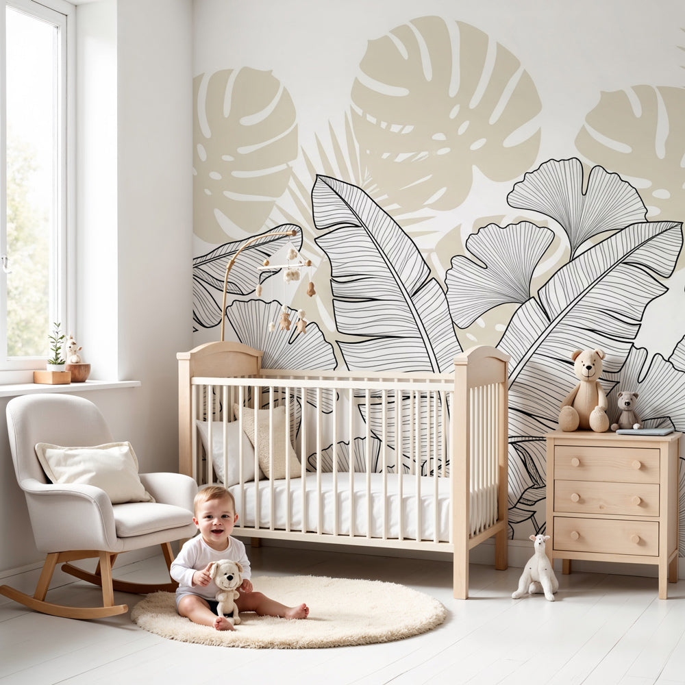 Black white tropical leaves mural wallpaper in modern nursery room by Kids-Mundo