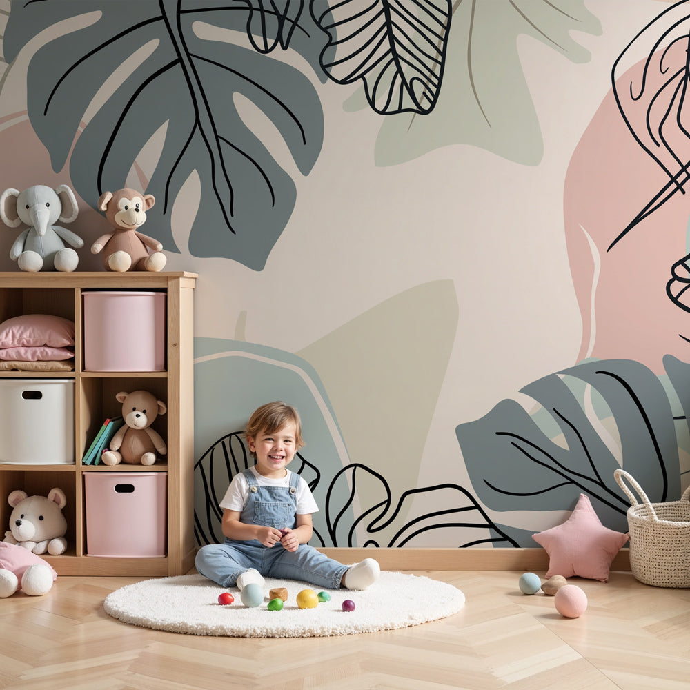 Tropical leaves mural wallpaper in soft pastels decorating modern nursery by Kids-Mundo
