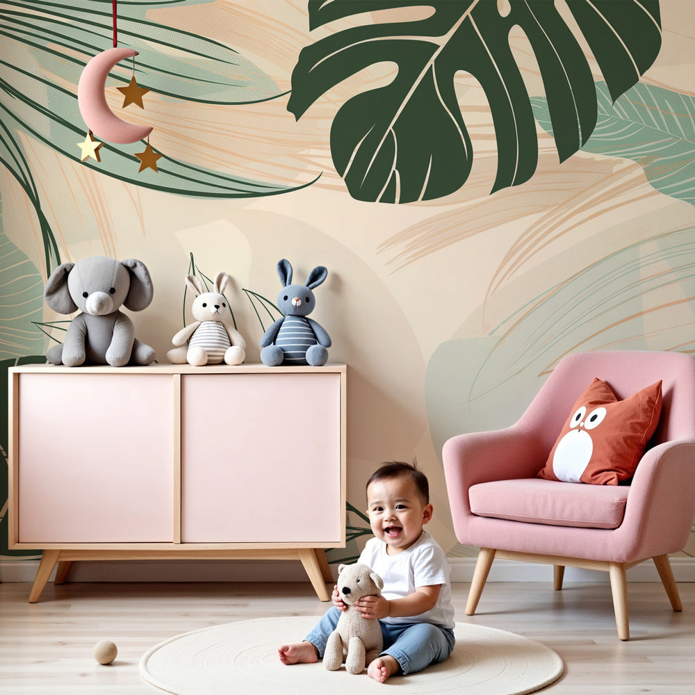Tropical leaves mural wallpaper in soft green tones decorating modern nursery by Kids-Mundo