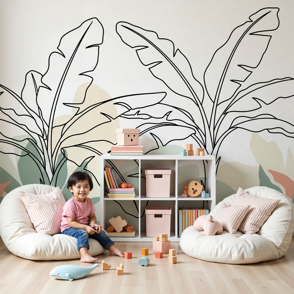 Tropical leaves mural wallpaper in sage green creating modern nursery decor by Kids-Mundo