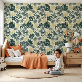 Tropical leaves mural wallpaper creating serene jungle atmosphere in modern nursery by Kids-Mundo