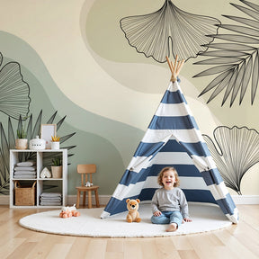 Tropical leaves mural wallpaper in sage green decorating modern nursery by Kids-Mundo