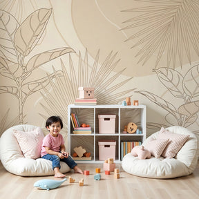 Tropical leaves mural wallpaper in beige tones creating serene nursery decor by Kids-Mundo