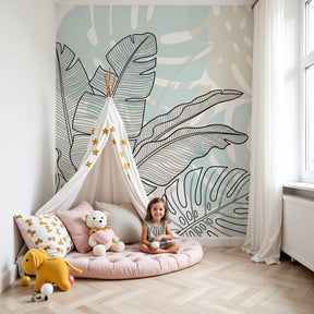 Tropical leaves mural wallpaper in soft green tones decorating modern nursery by Kids-Mundo