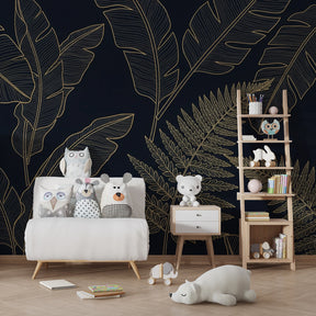 Dark background tropical wallpaper with gold leaves accent wall in modern nursery room