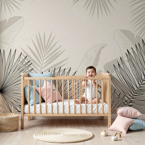 Tropical leaves mural wallpaper creating serene botanical nursery decor by Kids-Mundo