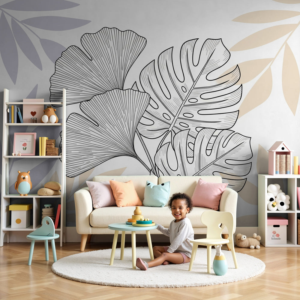 Tropical leaves mural wallpaper with black white botanical patterns in modern nursery by Kids-Mundo