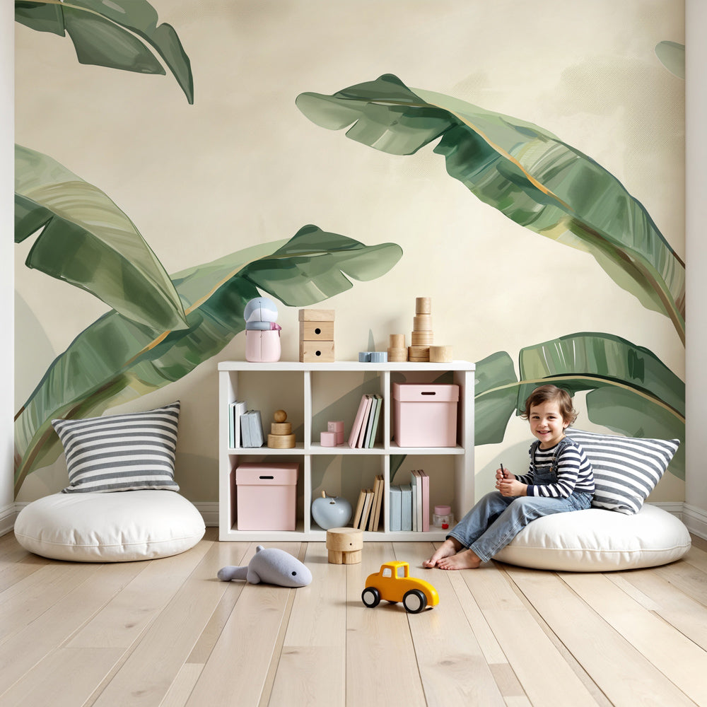 Tropical leaves mural wallpaper creating serene nursery atmosphere with natural green botanicals by Kids-Mundo