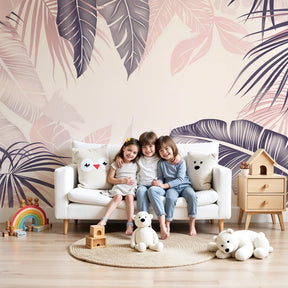Tropical leaves mural wallpaper in soft pink violet tones decorating modern nursery by Kids-Mundo