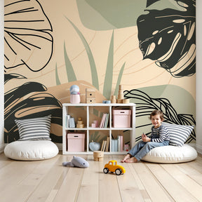 Tropical leaves mural wallpaper creating serene nursery decor with natural green botanical design by Kids-Mundo