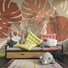 Modern tropical wallpaper with black leaf outlines creating stylish kids playroom