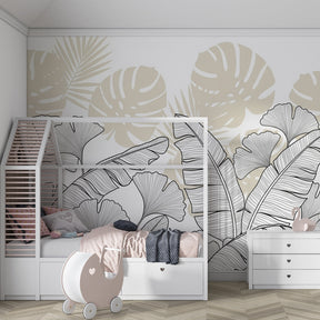 Elegant black white leaf mural wallpaper for sophisticated children's playroom by Kids-Mundo