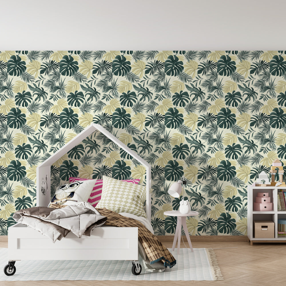 Botanical jungle mural wallpaper with palm fronds creating natural playroom decor by Kids-Mundo