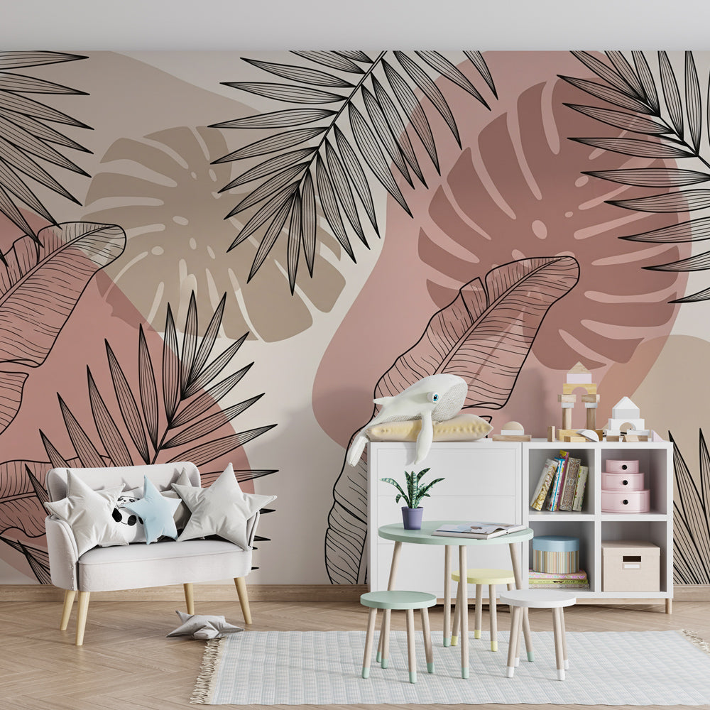Nature-inspired tropical leaves wallpaper transforming kids playroom with elegant linear patterns