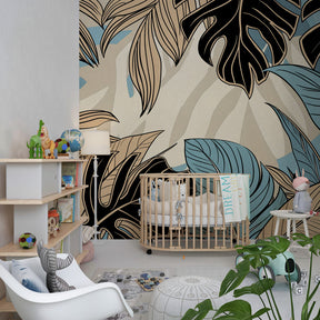 Stylized tropical foliage wallpaper creating calming children's playroom decor by Kids-Mundo