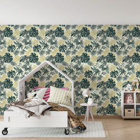 Botanical jungle mural wallpaper with palm fronds creating natural playroom decor by Kids-Mundo