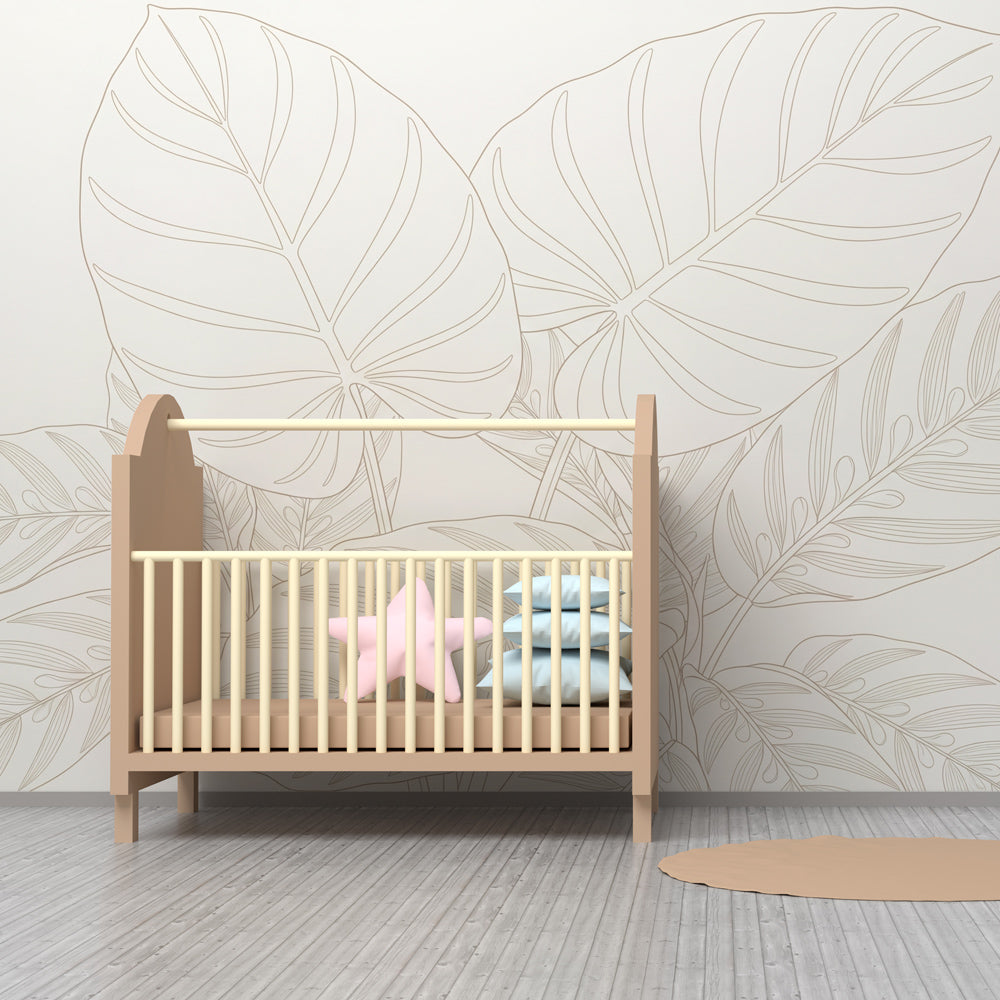 Nature-inspired mural wallpaper with tropical leaves in modern kids playroom setting