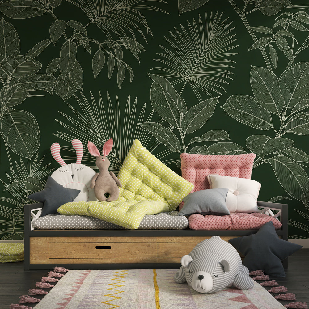 Nature-inspired tropical wallpaper creating calming playroom atmosphere with elegant leaf motifs