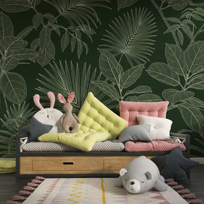 Nature-inspired tropical wallpaper creating calming playroom atmosphere with elegant leaf motifs