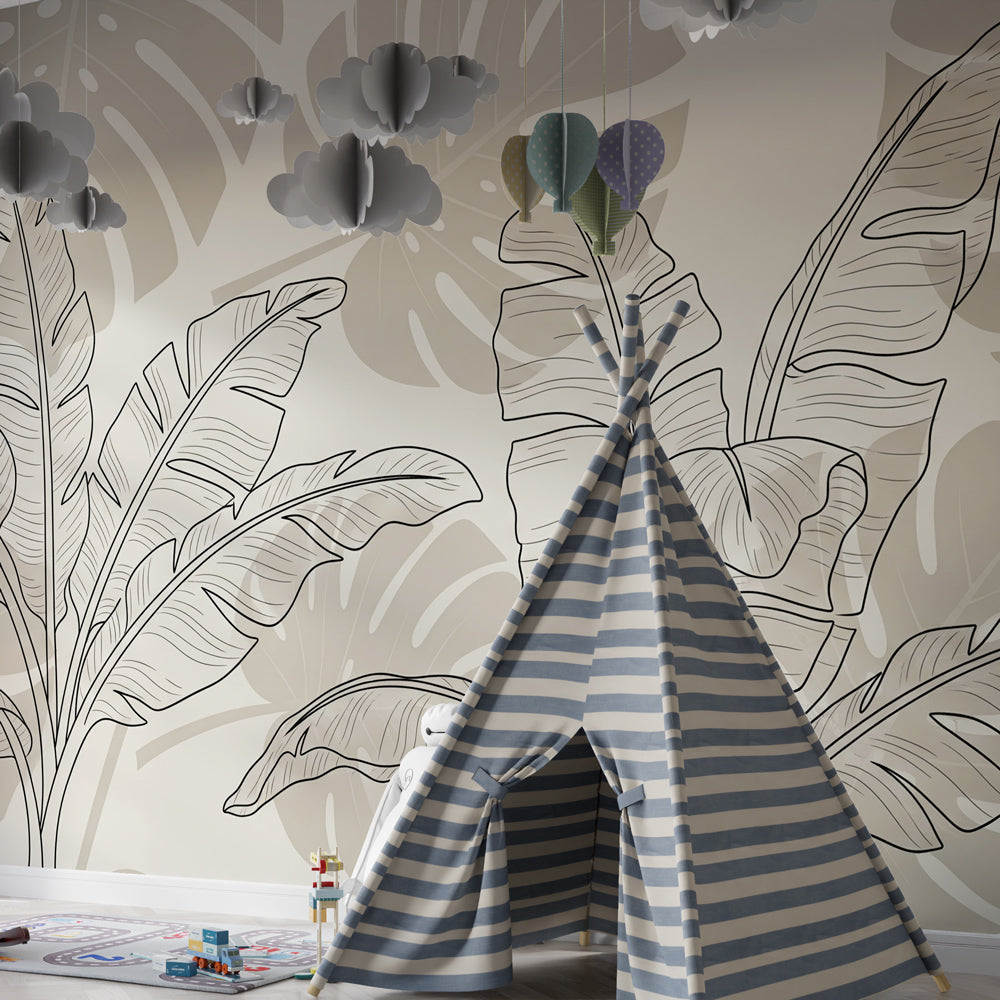 Nature-inspired tropical leaves wallpaper transforming kids playroom with botanical elegance