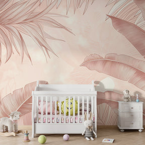 Soft tropical foliage wallpaper enhancing natural kids playroom decor by Kids-Mundo