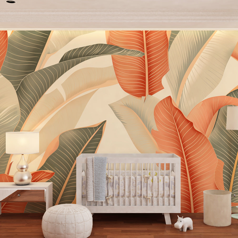 Nature-themed tropical leaves wallpaper creating calming playroom atmosphere for children