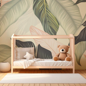 Nature-inspired tropical wallpaper transforming kids playroom into jungle sanctuary