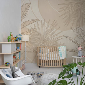 Beige botanical mural wallpaper creating calm atmosphere in children's playroom