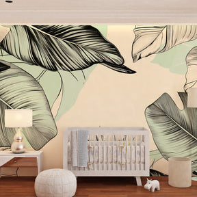 Mint green tropical leaves wallpaper transforming children's playroom into botanical sanctuary
