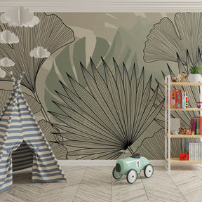 Botanical leaves wallpaper transforming kids playroom with nature-inspired decor by Kids-Mundo