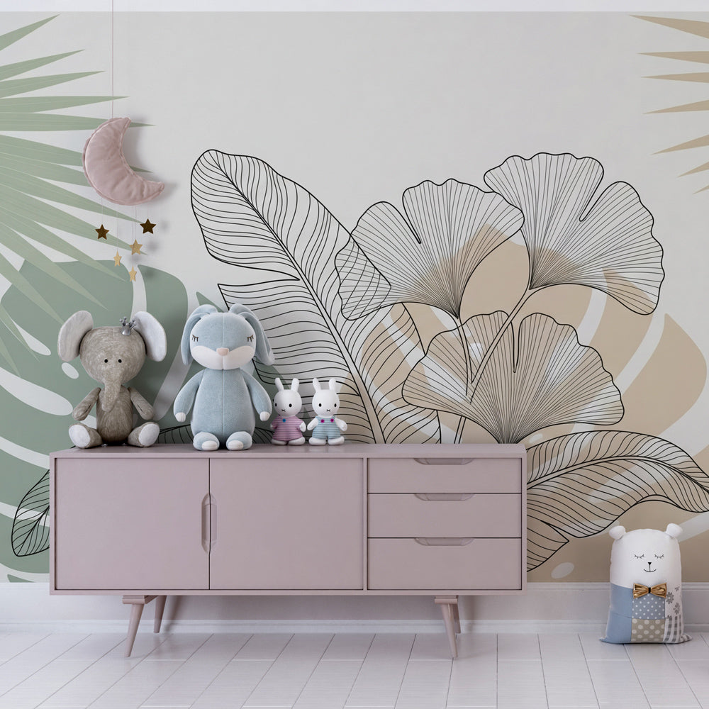 Nature-inspired tropical leaves mural wallpaper creating peaceful kids playroom environment