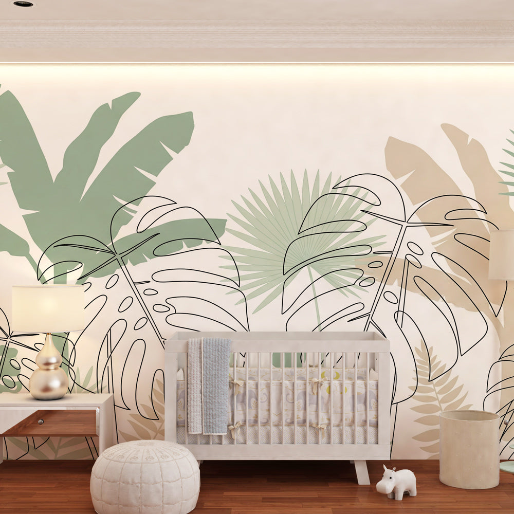 Green tropical leaves wallpaper transforming children's playroom into botanical paradise by Kids-Mundo