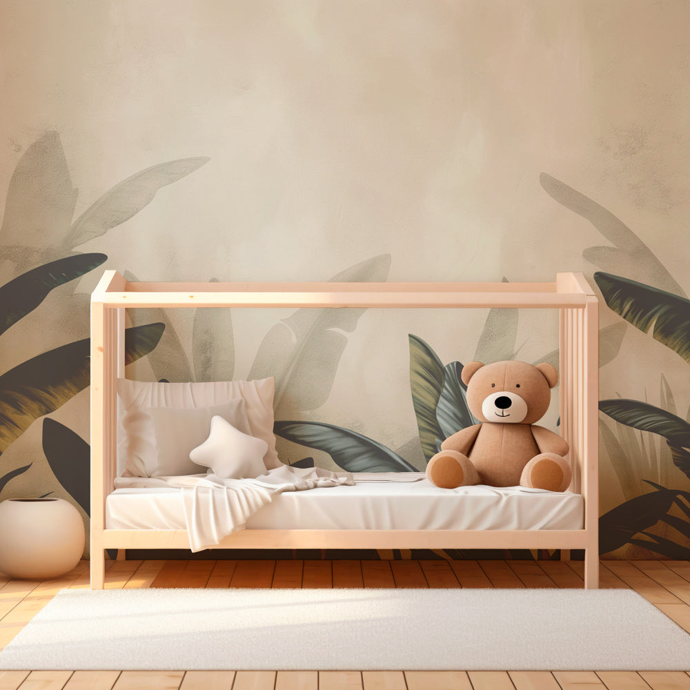 Botanical mural wallpaper featuring tropical leaves in cozy children's playroom