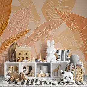 Pink orange tropical leaves wallpaper transforming kids playroom into nature sanctuary