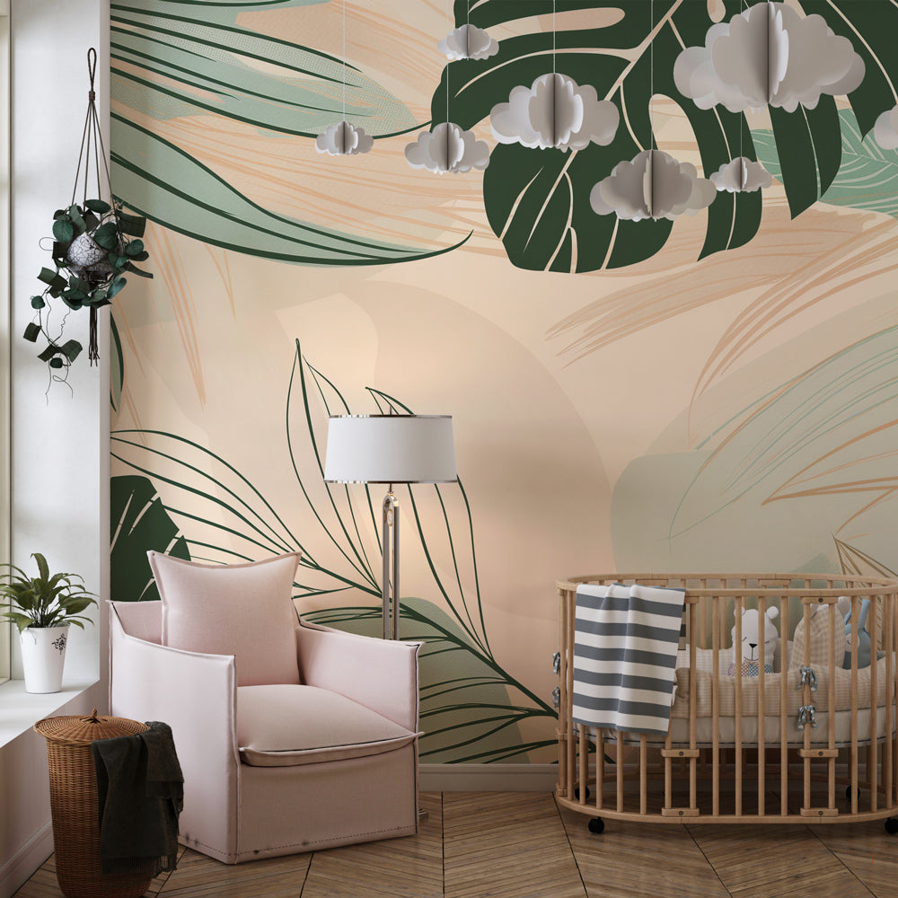 Nature-inspired tropical leaves wallpaper transforming kids playroom into botanical sanctuary