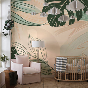 Nature-inspired tropical leaves wallpaper transforming kids playroom into botanical sanctuary