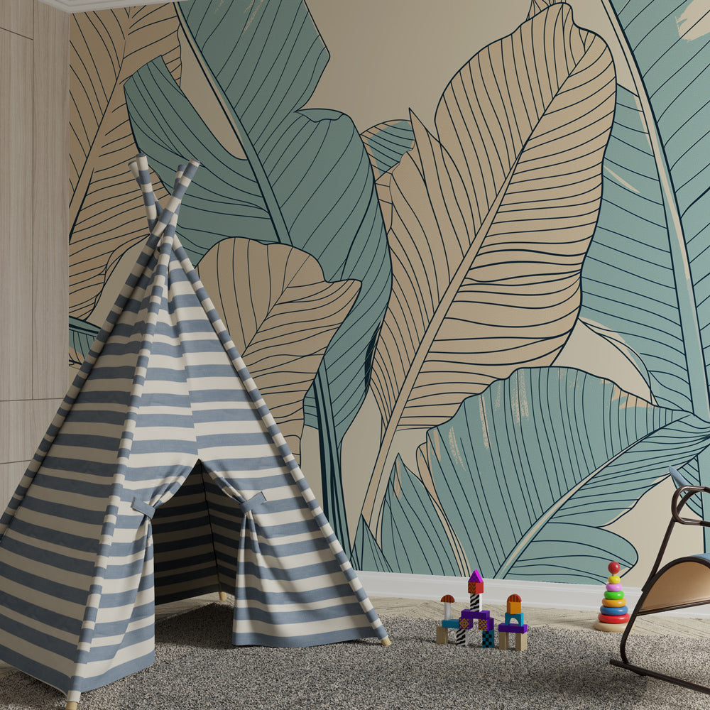 Nature-inspired tropical wallpaper creating serene playroom environment for children by Kids-Mundo