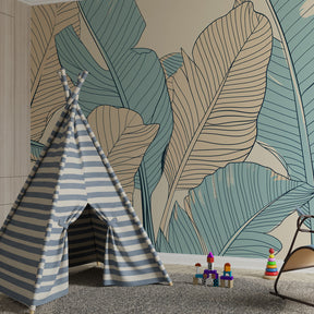 Nature-inspired tropical wallpaper creating serene playroom environment for children by Kids-Mundo