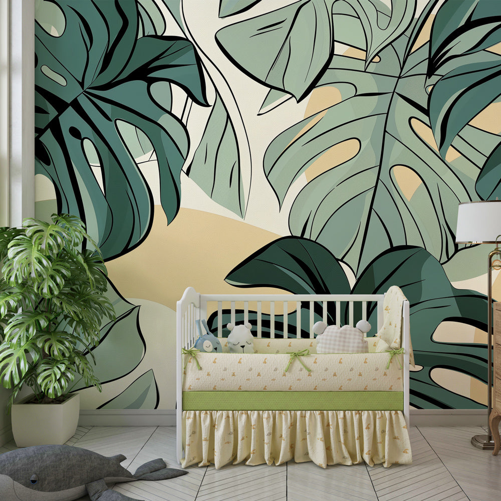 Nature-inspired tropical leaves wallpaper in bright children's playroom setting