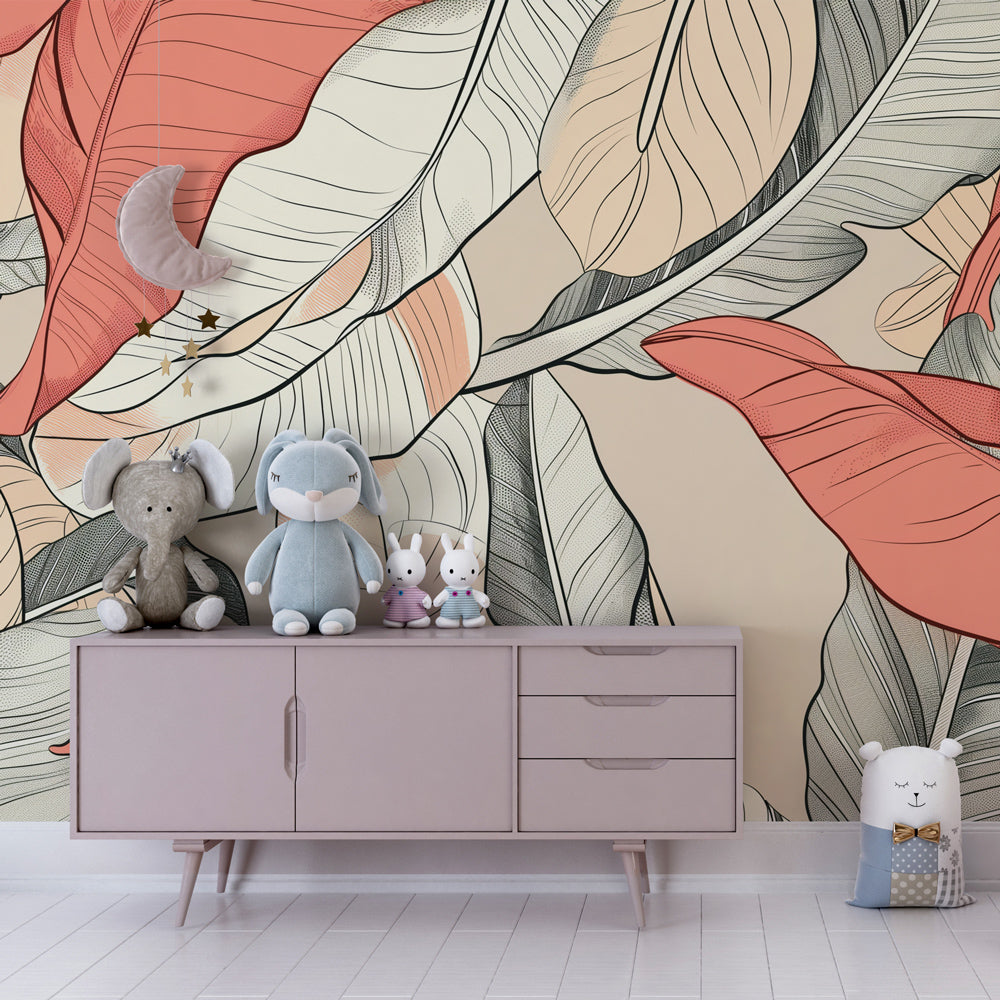 Elegant tropical mural wallpaper transforming kids playroom into peaceful botanical sanctuary