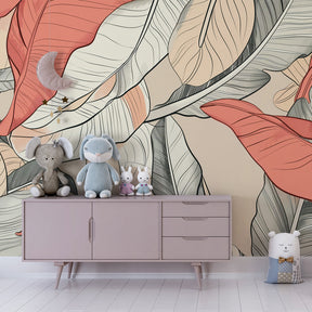 Elegant tropical mural wallpaper transforming kids playroom into peaceful botanical sanctuary