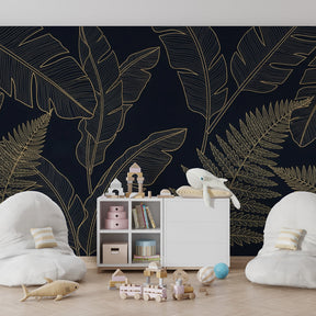 Sophisticated tropical leaves wallpaper transforming children's playroom with botanical elegance