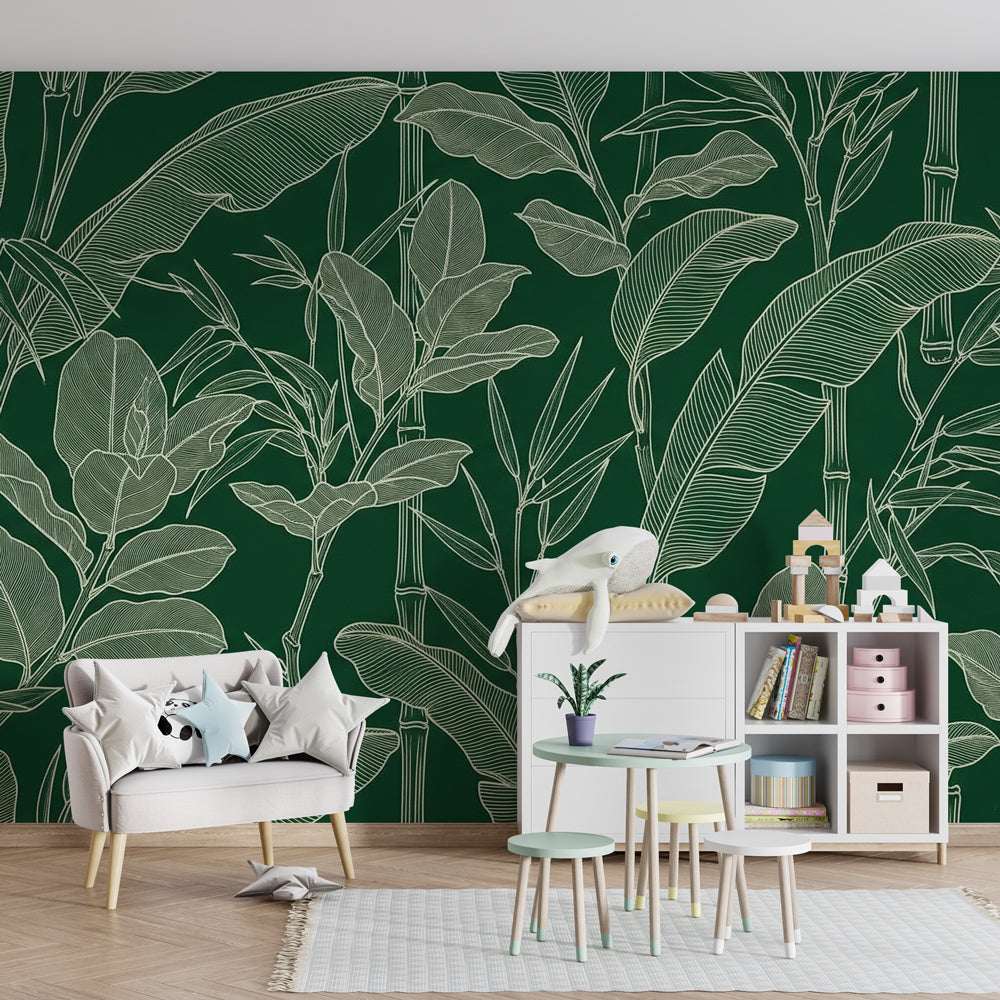 Hand-drawn tropical leaves wallpaper transforming children's playroom into jungle adventure space