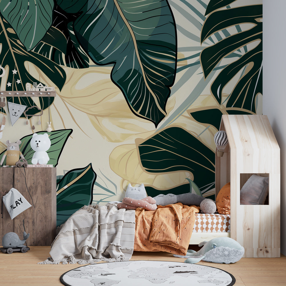 Jungle-themed mural wallpaper bringing nature-inspired decor to children's playroom