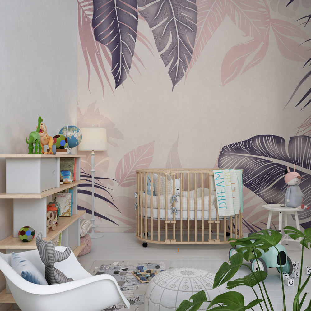Pink violet tropical leaves wallpaper transforming kids playroom into nature sanctuary