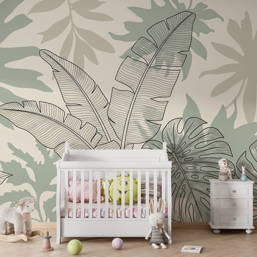 Nature-inspired tropical leaves wallpaper transforming children's playroom into botanical sanctuary